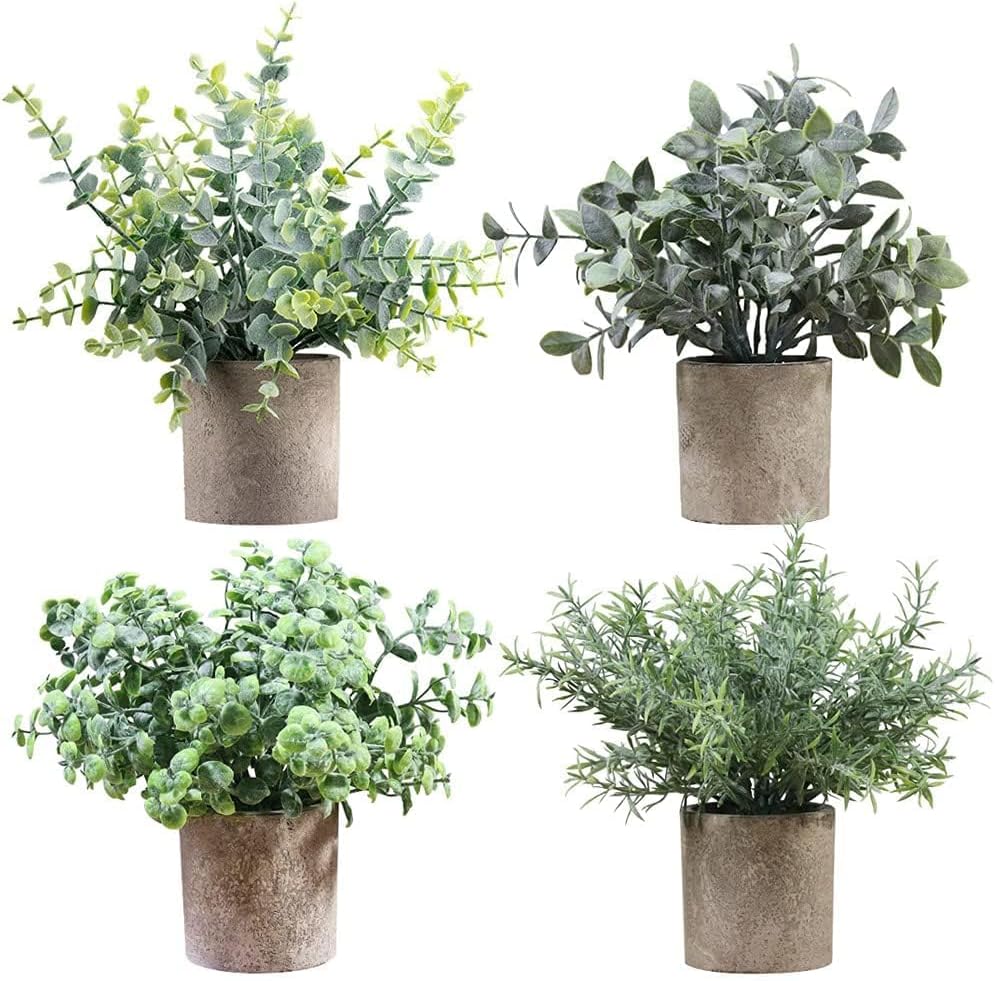 4 Pcs Artificial Plants Mini Faux Plants in Pots Small Fake Eucalyptus Plants Decor Artificial Greenery for Home Bedroom Indoor Office Desk Bathroom Farmhouse Room Coffee Table Decor