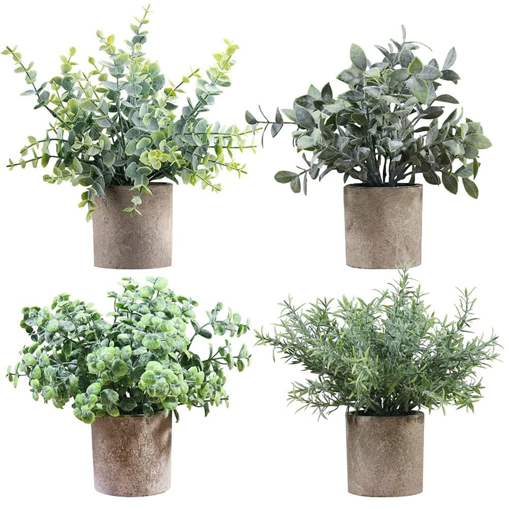 4 Pcs Artificial Plants Mini Faux Plants in Pots Small Fake Eucalyptus Plants Decor Artificial Greenery for Home Bedroom Indoor Office Desk Bathroom Farmhouse Room Coffee Table Decor