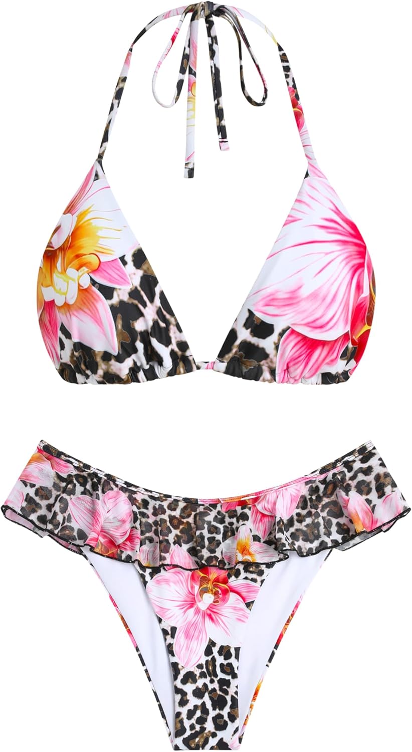 ZAFUL Bikini Set for Women Two Piece Swimsuits Cheeky Triangle Bikini Ruffle Contrast Color Bathing Suit