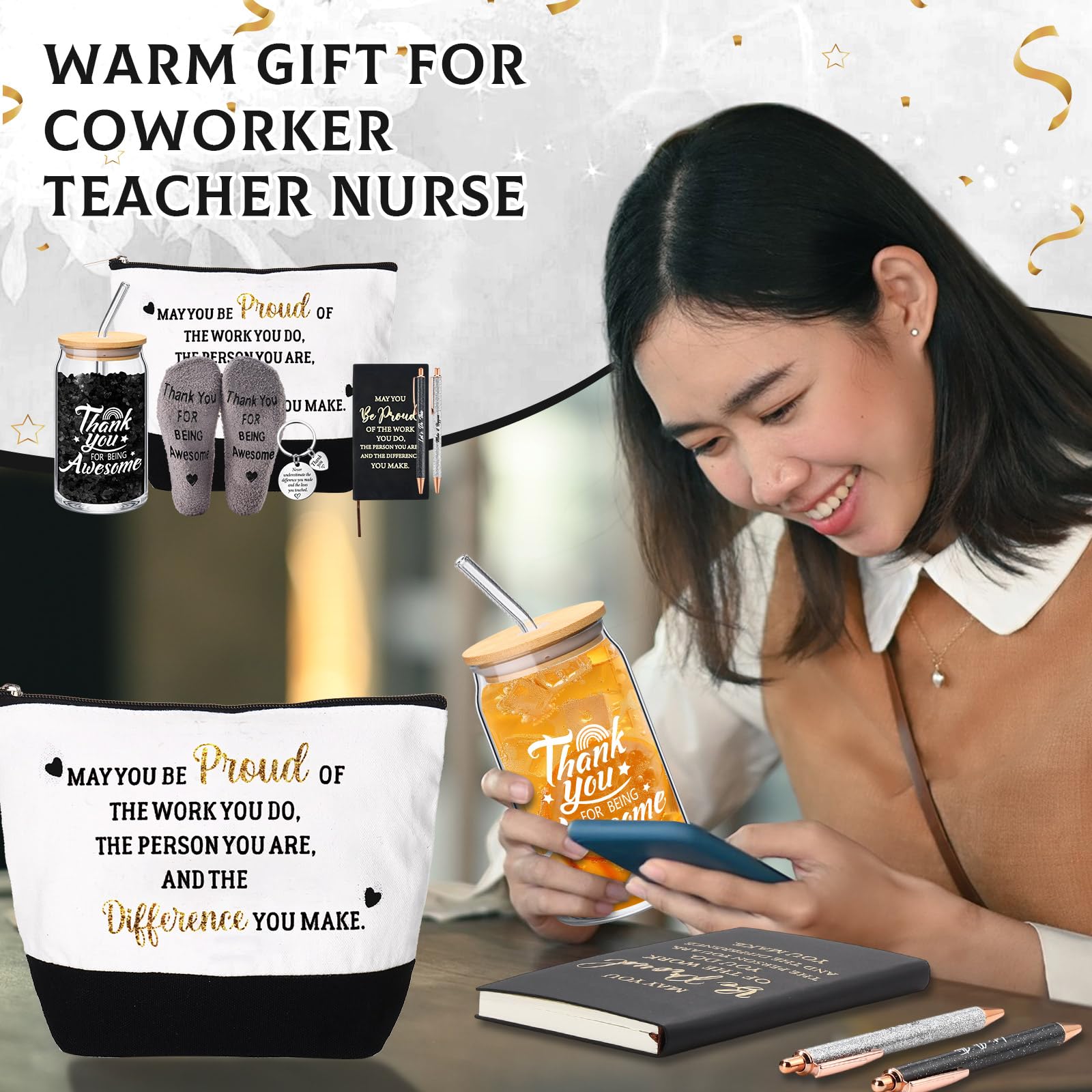 Funnymoom 7 Pcs Employee Appreciation Gifts Administrative Professionals Day Work Anniversary Thank You Gifts for Women Coworker Teacher Aide Graduation Educator Nurse Week(Black)