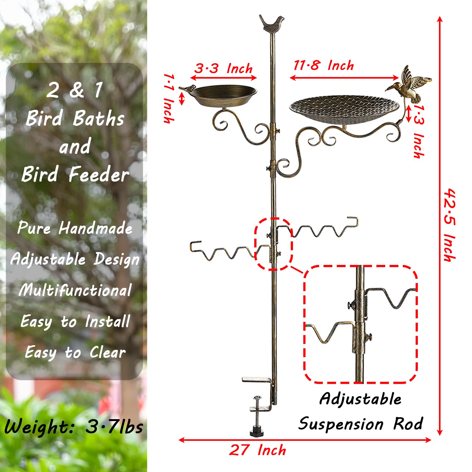 Deck Mounted Bird Bath for Outdoors, Metal Bird Baths and Feeder for Deck Railing, Adjustable Antique Gold Bird Bath Bowl with Clamp for Balcony Yard Patio Porch Garden Rail Mount, Adjustable Design