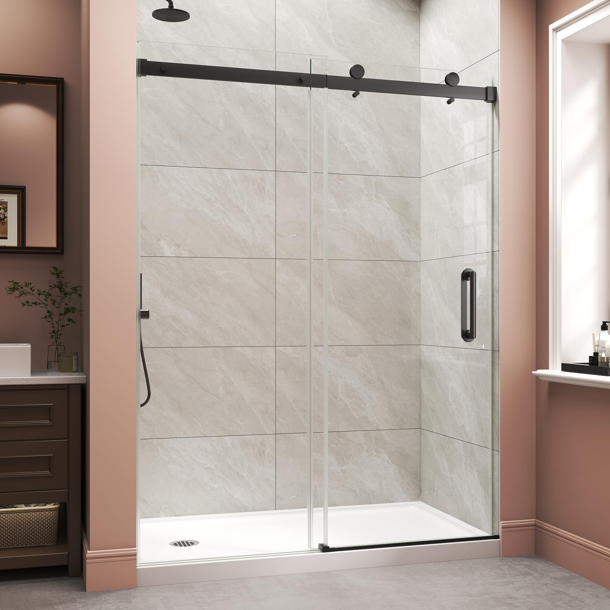 Frameless Shower Door,Single Sliding Glass Shower Door with Nano Coating & Safety Film, Adjustable 43"-48" W x 72" H, Matte Black,1/4" (6mm) SGCC Tempered Glass