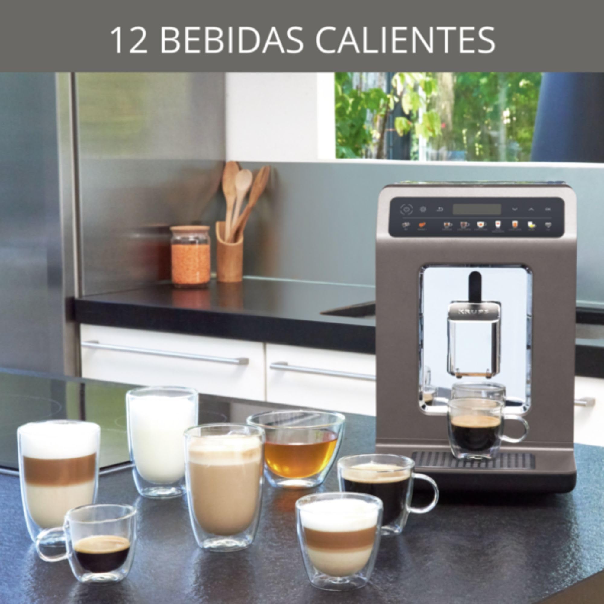 Krups EA895N10 Cafetera automática Evidence One, One Touch Cappuccino, Función de doble taza, 12 especialidades de bebidas, Pantalla a color, Depósito de agua de 2,3 litros, 1450 W