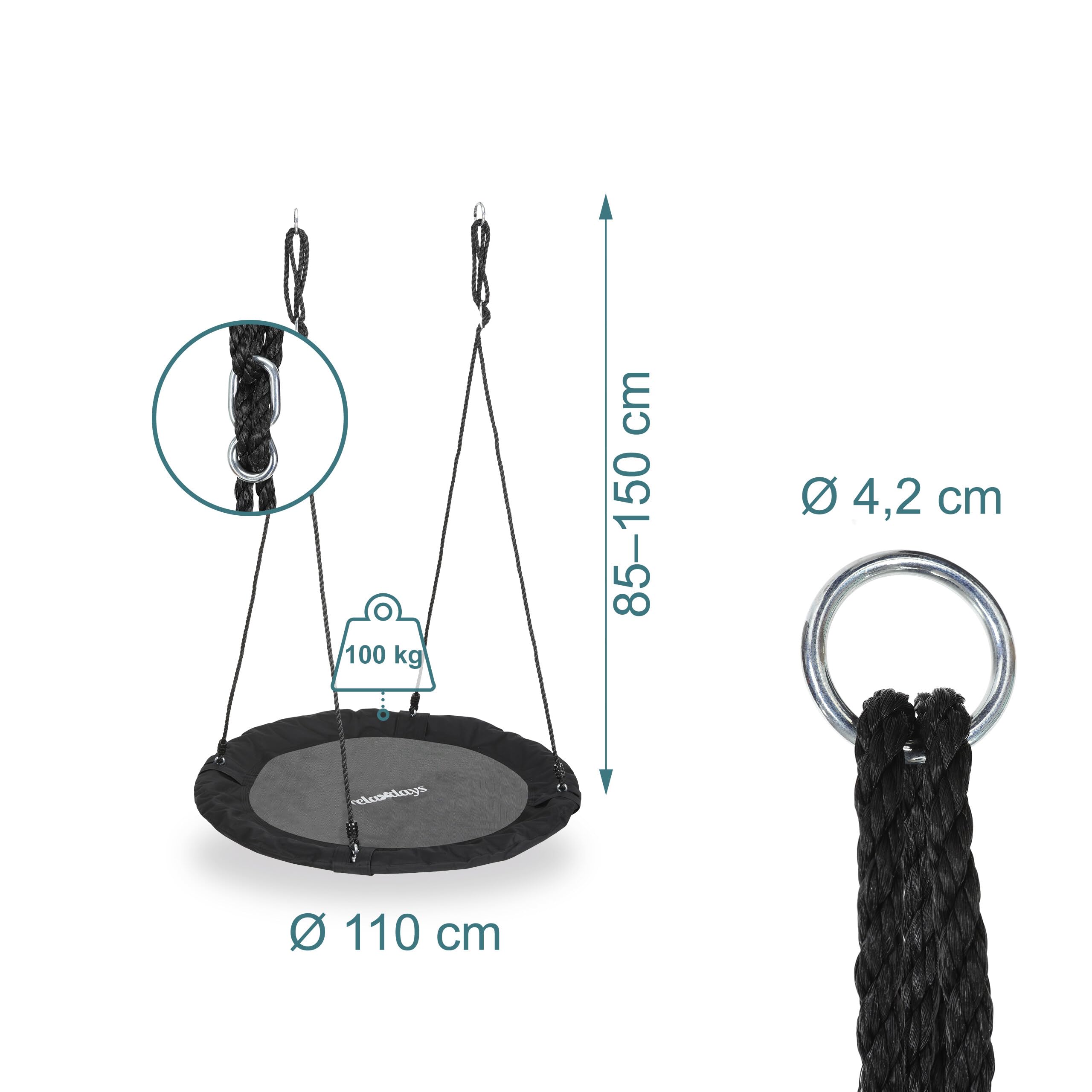 Relaxdays Balançoire nid d'oiseau Ronde, Ø 110 cm, à Suspendre, 100 kg, Noir, Enfant Adulte Jardin extérieur