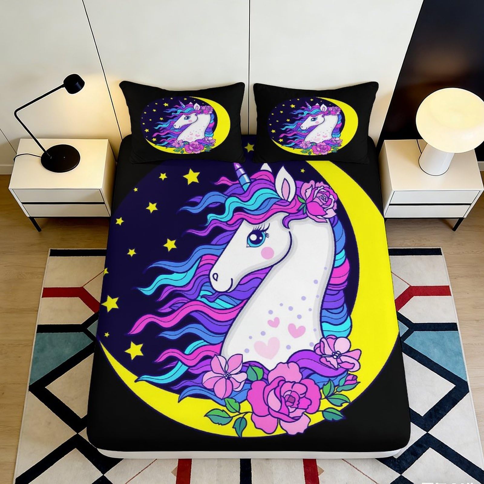 3D Printed Unicorn Moon Fitted Sheet Microfiber Soft Breathable Star Pattern Bed Cover for Bedroom Dormitory Guest Room Mattress Protection Decor 140x200x25cm