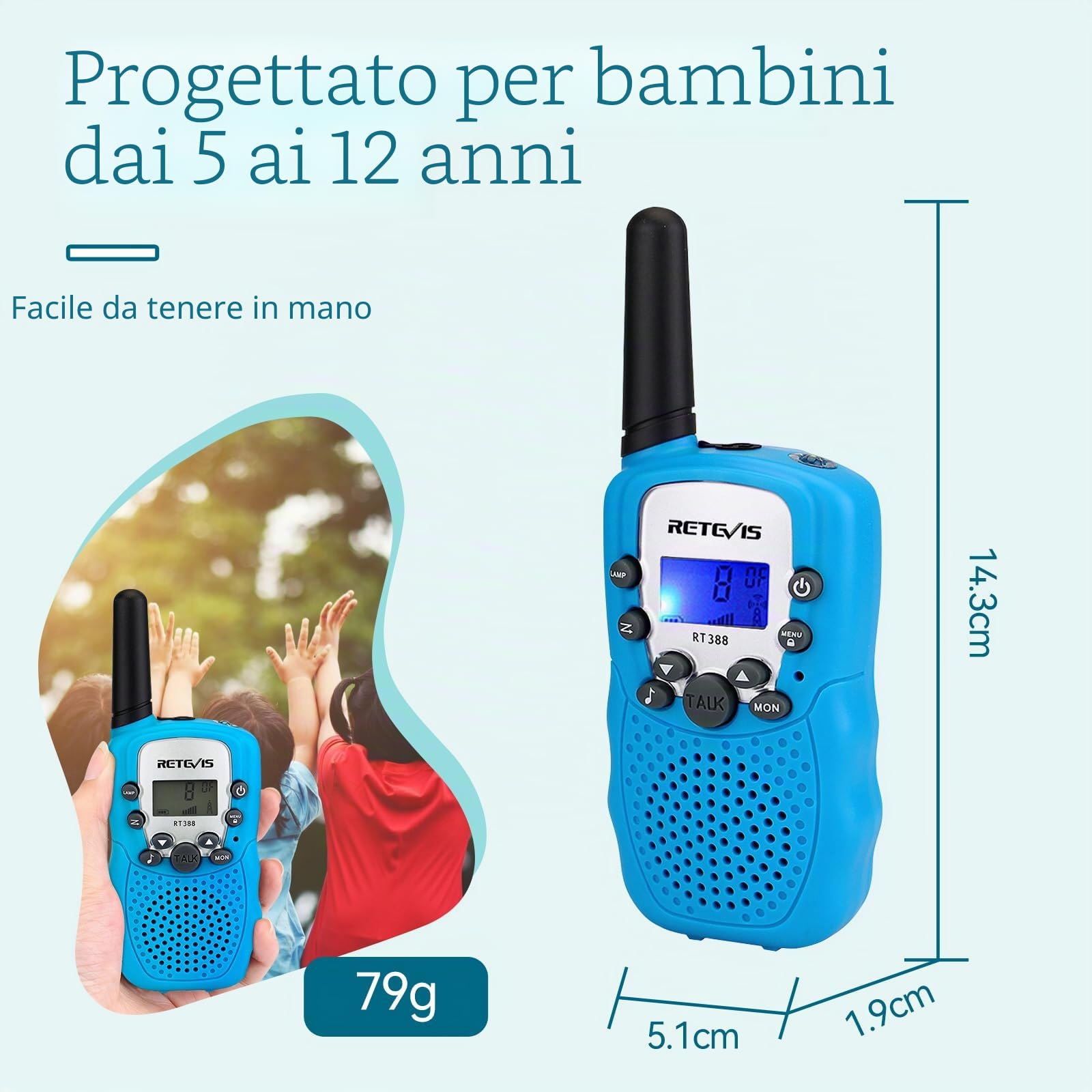 Retevis RT388 Walkie Talkie Bambini PMR446 8 Canali VOX Torcia 10 Toni Chiamata Blu 1 Coppia