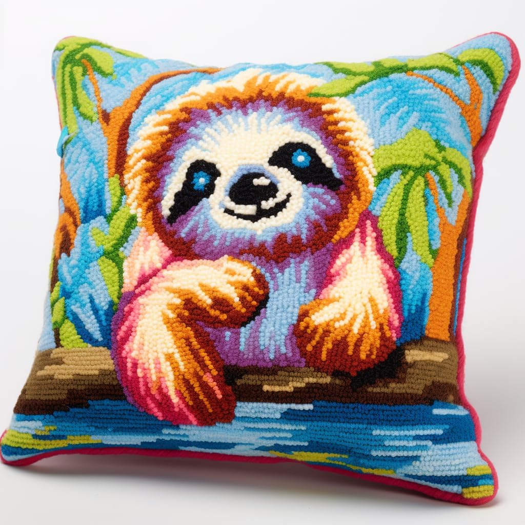 Latch Hook Kits Pillow Cover Cartoon Sloth Printed Canvas Cushion Crochet Yarn Needlework DIY Hook Latch Kit Embroidery Pillowcase Rug Home Sofa Christmas Decoration 43x43cm(4)