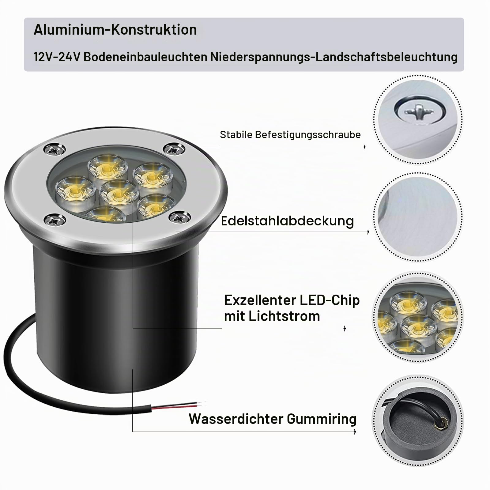 6W Bodeneinbaustrahler Aussen LED Bodenstrahler Garten wegeleuchten außen 12V 24V Landschaftsbeleuchtung IP67 wasserdicht für Aussen Wegbeleuchtung Garten Terrasse Treppen,Warmweiß
