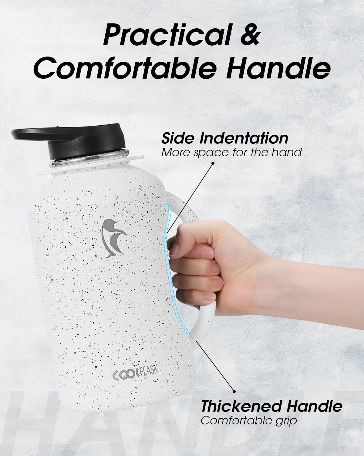 Coolflask Botella de agua de medio galón con popote, jarra de agua aislada de acero inoxidable de 64 onzas con asa de metal de doble pared al vacío termo grande con correa a prueba de fugas, mantiene