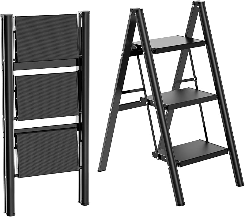HBTower 3 Step Ladder, Lightweight Aluminum Folding Step Stool | Anti-Slip Wide Pedal, 330lbs Capacity Step Ladder for Household Kitchen Office, Black