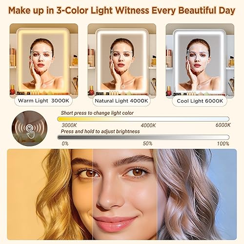 Vista 4 de Pequeño tocador con espejo y luces, tocador de maquillaje con cajón de almacenamiento, 2 estantes y 3 compartimentos, color blanco