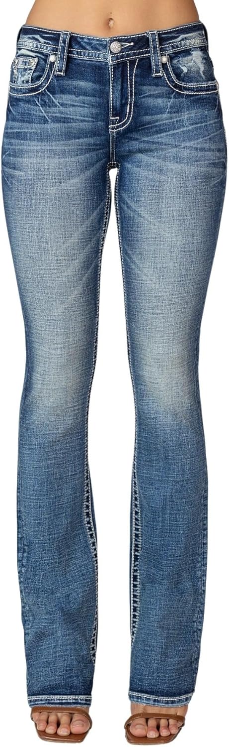 Miss Me Women's Mid-Rise Southwestern Feathers Embellished Pockets Slim Boot Jeans