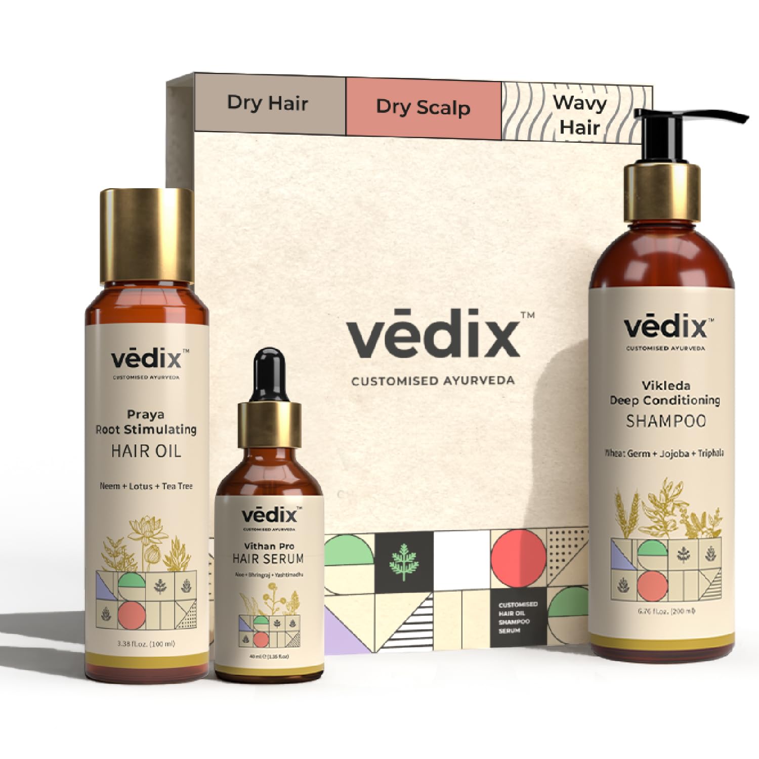 Vedix 3-Step Ayurvedic Hair Smoothing & Hydration Regimen for Dry Scalp - Dry & Wavy Hair Care Set – Onion & Licorice Oil, Sulfate-Free Shampoo & Lightweight Serum for Hair