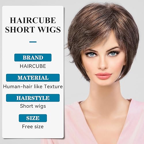 Miniatura 4 de HAIRCUBE Peluca corta marrón mixta con fleco, pelucas de corte Pixie en capas para mujer, fibra sintética de memoria saludable, pelucas sin