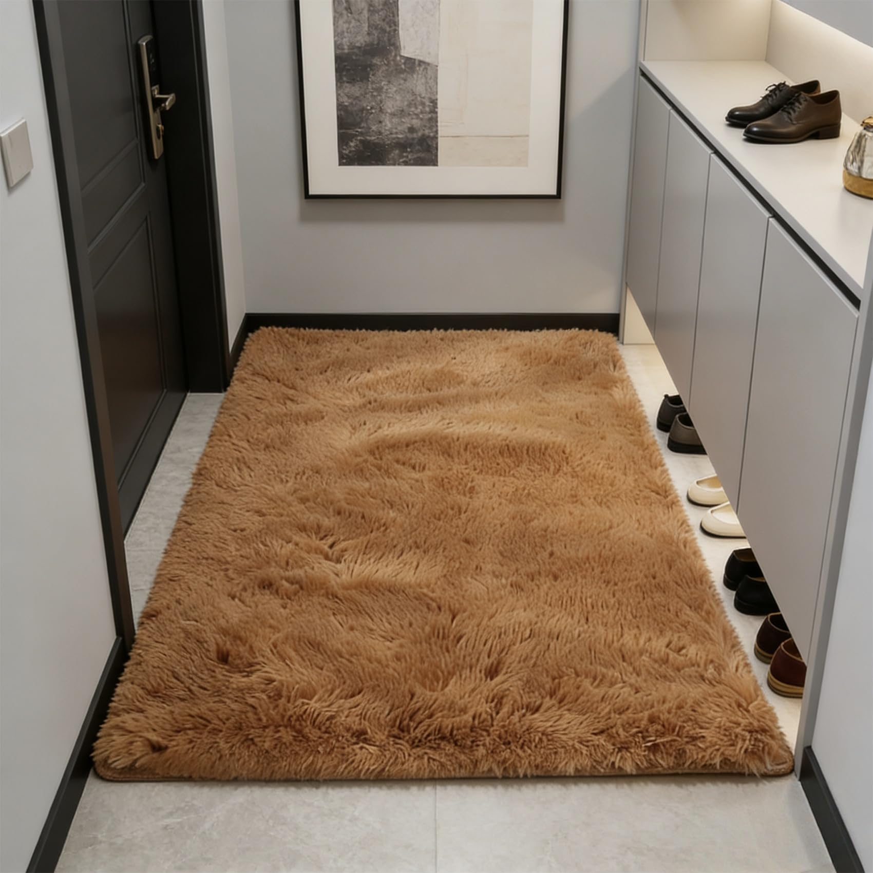 Tapis chambre 200x150 cm doux à poils longs marron facile à entretenir pour sol glissant
