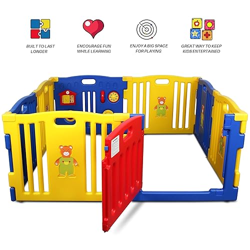 Miniatura 6 de Kidzone Corralitro interactivo para bebés u niños 8 Paneles con Puertas de Seguridad Centro de Juego de niños para el Hogar Certificado ASTM