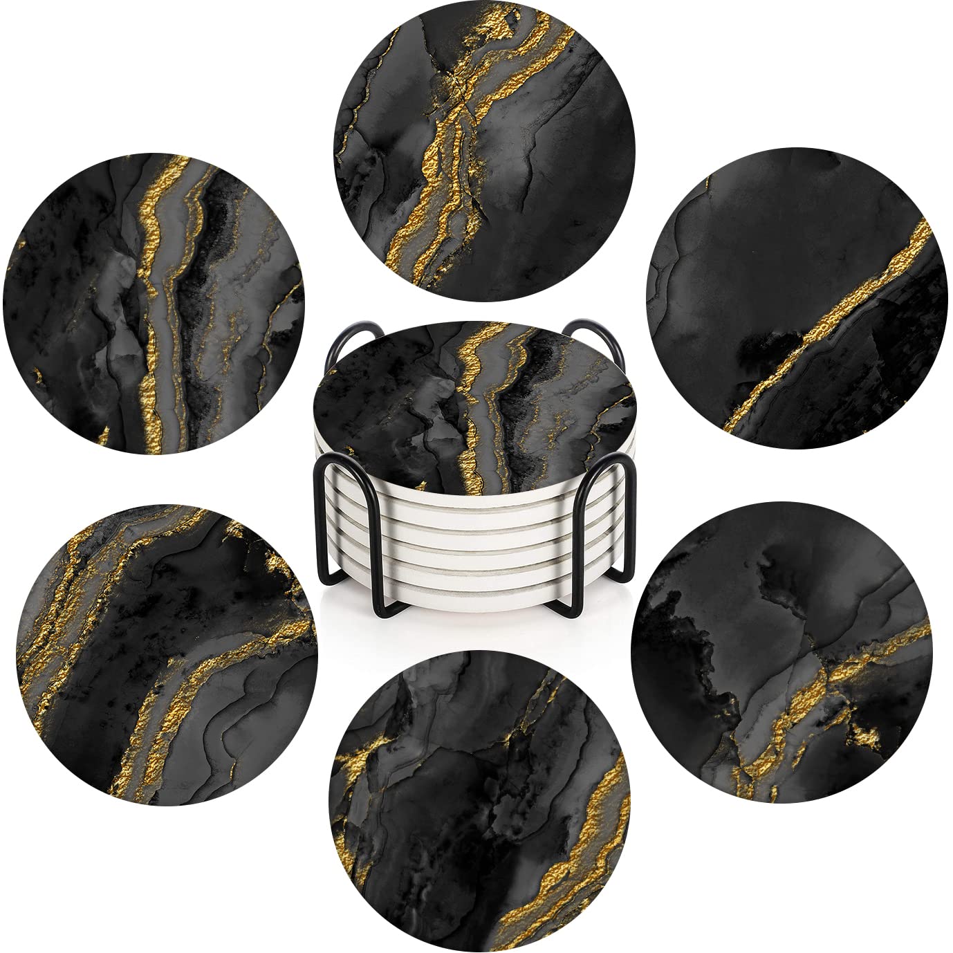 Dessous de verre en céramique lot de 6 style marbre doré avec support