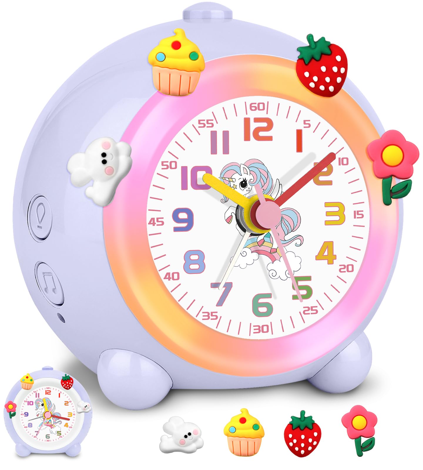 SOCICO Despertador Analógico para Niños, Diseño de Unicornio, Silencioso Sin tictac, Bonito Melocotón con Luz Colorida, Volumen Ajustable (Lila pálido)