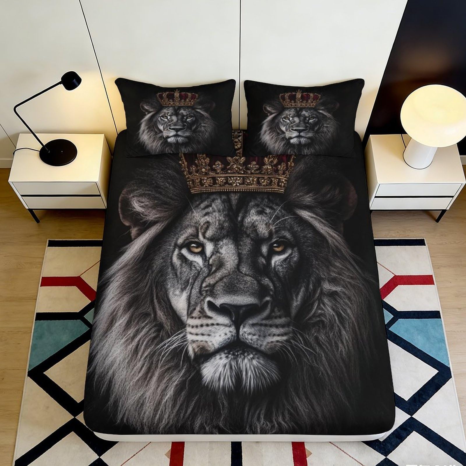 3D Printed Lion Crown Fitted Sheet Microfiber Soft Durable King Animal Bed Cover for Bedroom Dormitory Guest Room Mattress Protection 180x200x25cm