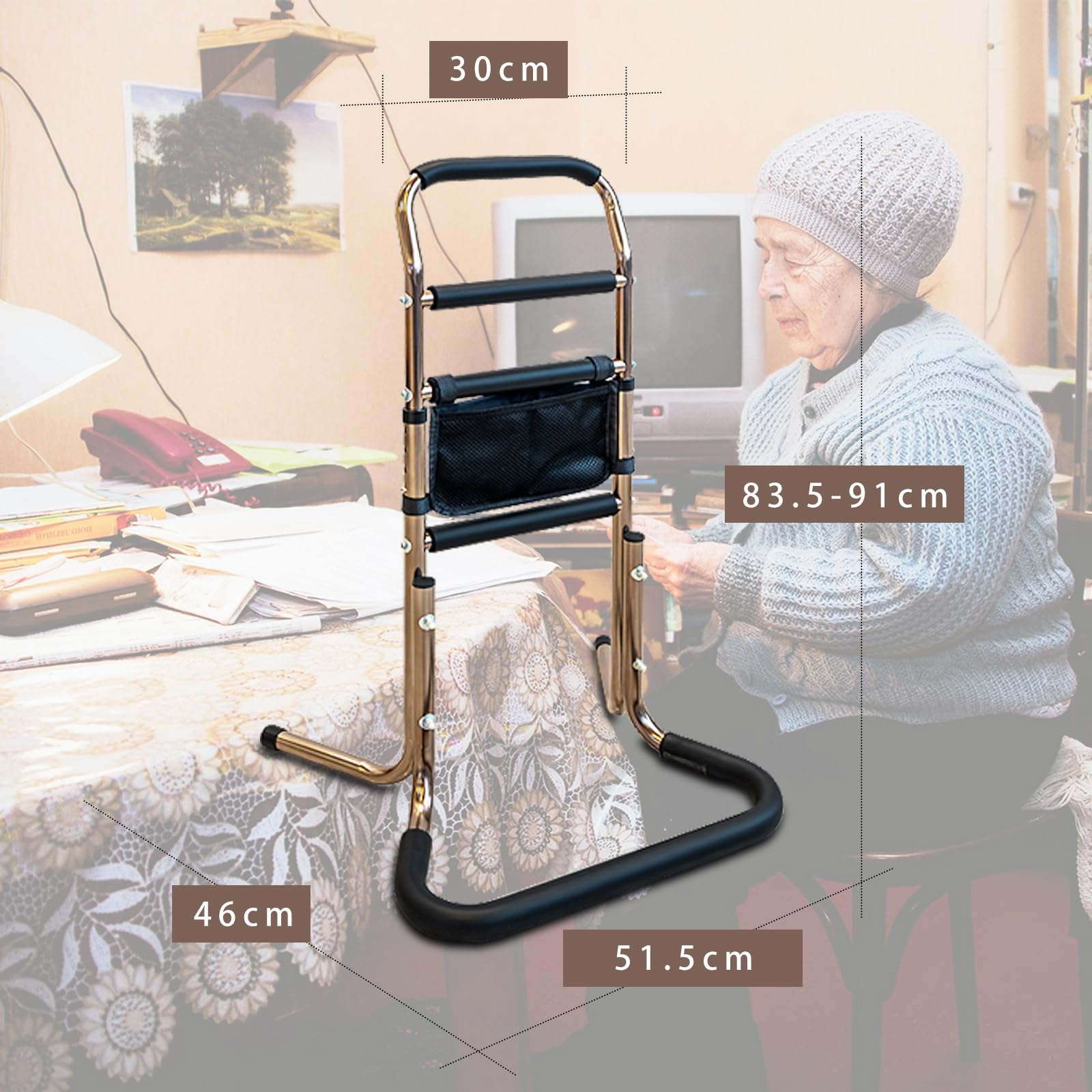 Asistente para levantarse de diario, silla para adultos, soporte de apoyo con 4 asas, ayuda para levantarse cama para personas mayores, soporta hasta 136 kg, altura ajustable