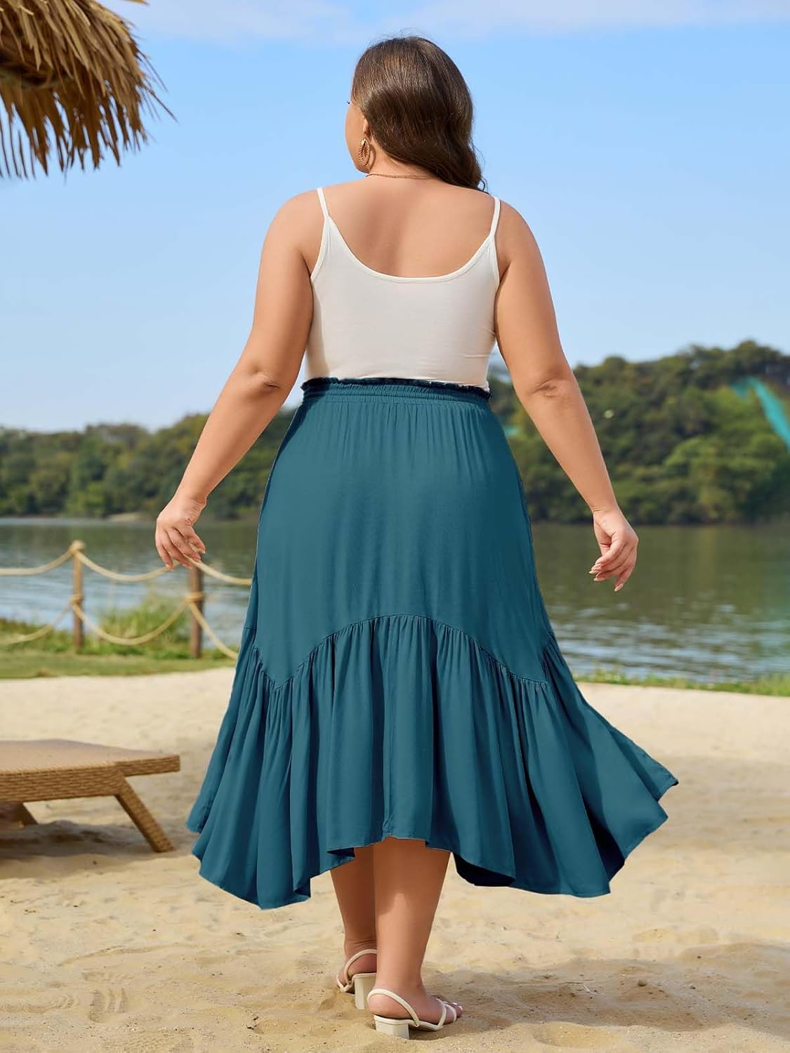 Moon Wood Women's Plus Size Maxi Skirt High Waisted Ruffle A-Line Renaissance Asymmetric Skirts with Pockets for Beach Travel - Image 5