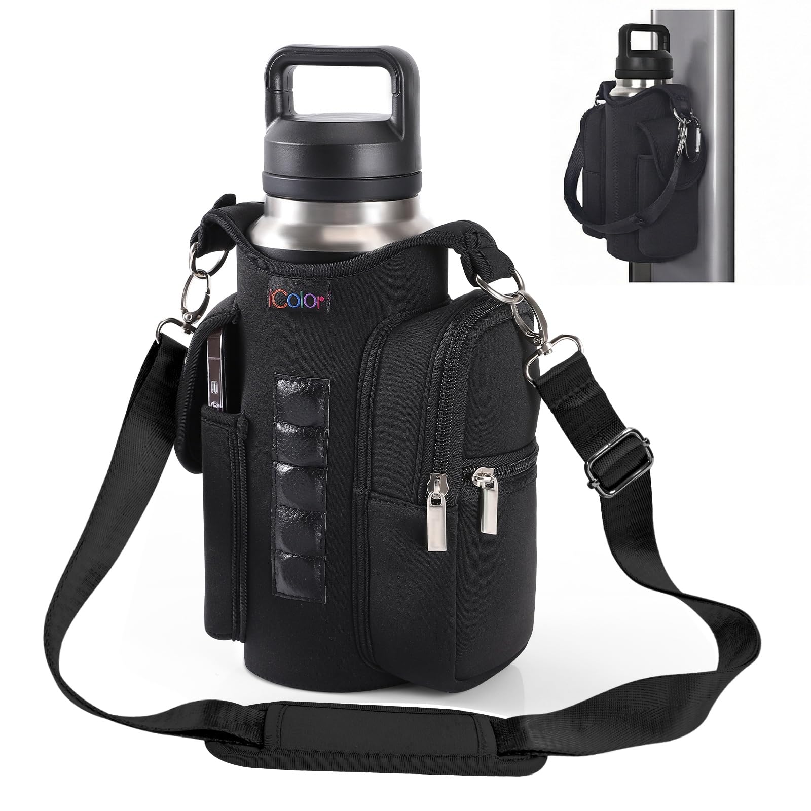 icolor Magnetic Gym Bag Water Bottle Carrier Holder with Phone Pockets & Shoulder Strap,Gym Magnetic Bag 5 Built-in Magnets Gym Accessories Organizer Sling Bottle Bag Pouch Sleeve