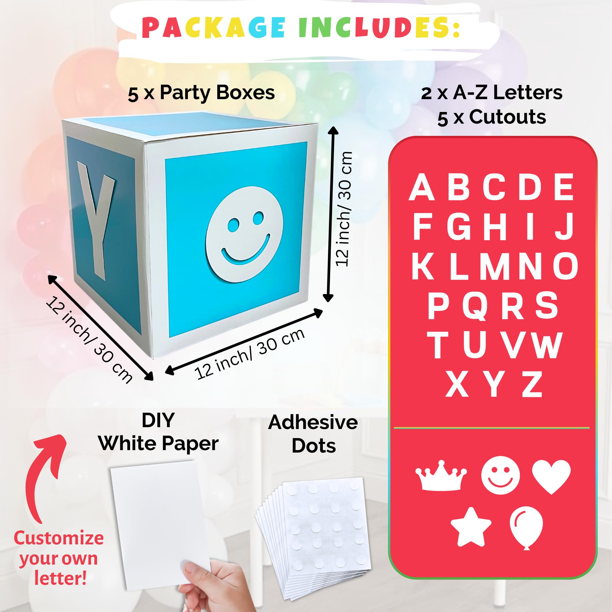 Rainbow Party Letter Box Decorations - 5 Colorful Boxes With 52 A-Z Letters & Cutouts For Custom Names