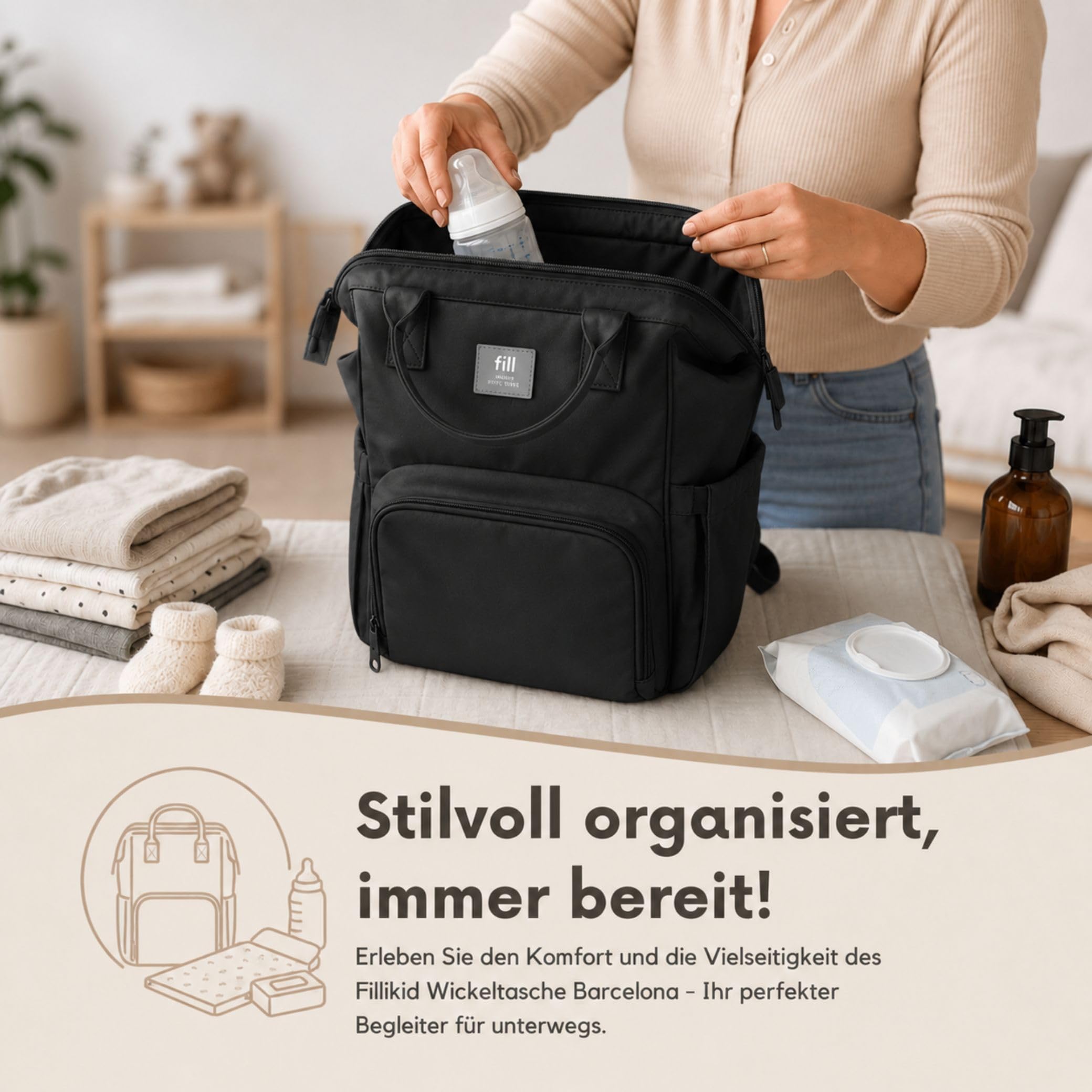 Fillikid Wickelrucksack Barcelona | Geräumiger & stylischer Rucksack mit vielen Fächern, isoliertem Flaschenhalter & Wickelauflage | Bequem tragbar & ideal für den Alltag mit Baby
