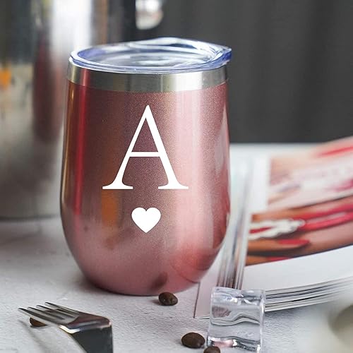 Miniatura 6 de Regalos iniciales personalizados, vaso de vino de acero inoxidable de 12 onzas con cepillo para pajilla, taza insultada de oro rosa, regalo de boda,