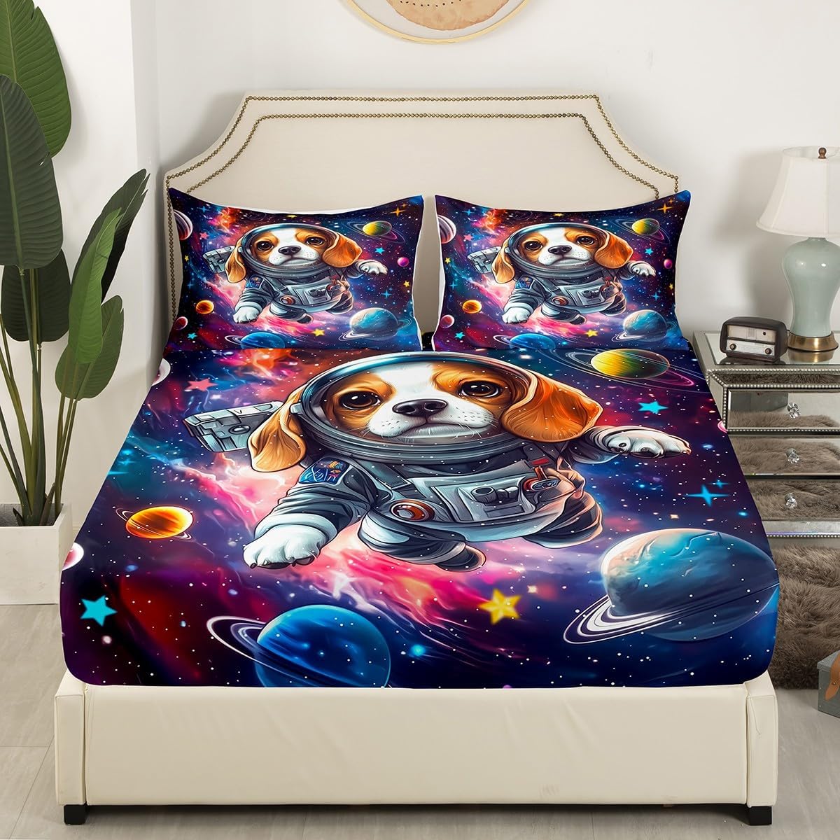 Cartoon Dog Fitted Sheet Full Size Astronaut Puppy Animal Bedding Set Kids Room Decor Universe Planets Nebula Bed Cover with 2 Pillowcases Geometric Circle Soft Polyester Bedding,No Top Sheet