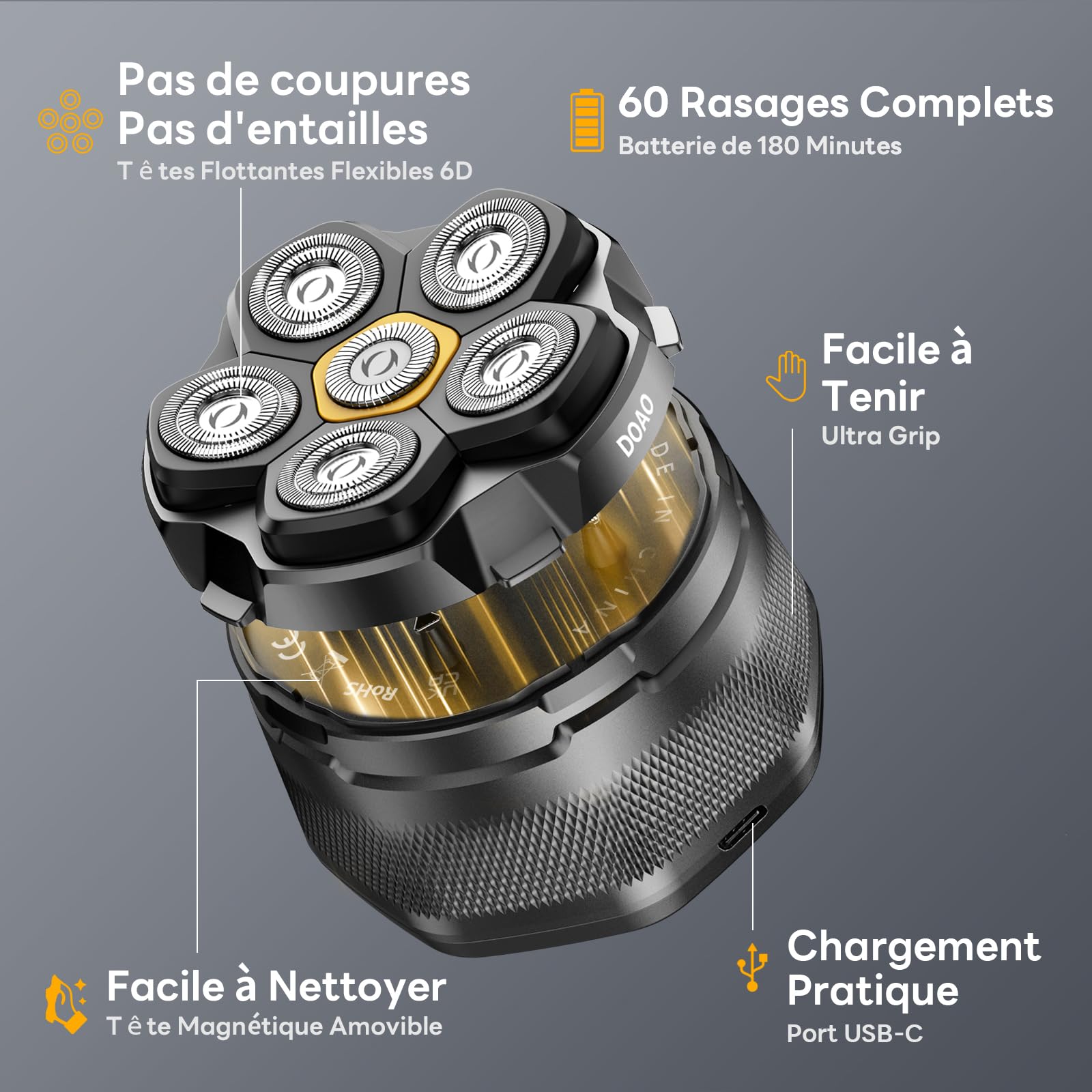 DOAO Rasoir Tete Chauve Homme, Rasoir Crane à Tête Rasée Étanche sans fil 2024, 6D Flexible Tête de Rasage, Tête Magnétique, Utilisable à sec et Sous L'eau, port USB-C (A6)
