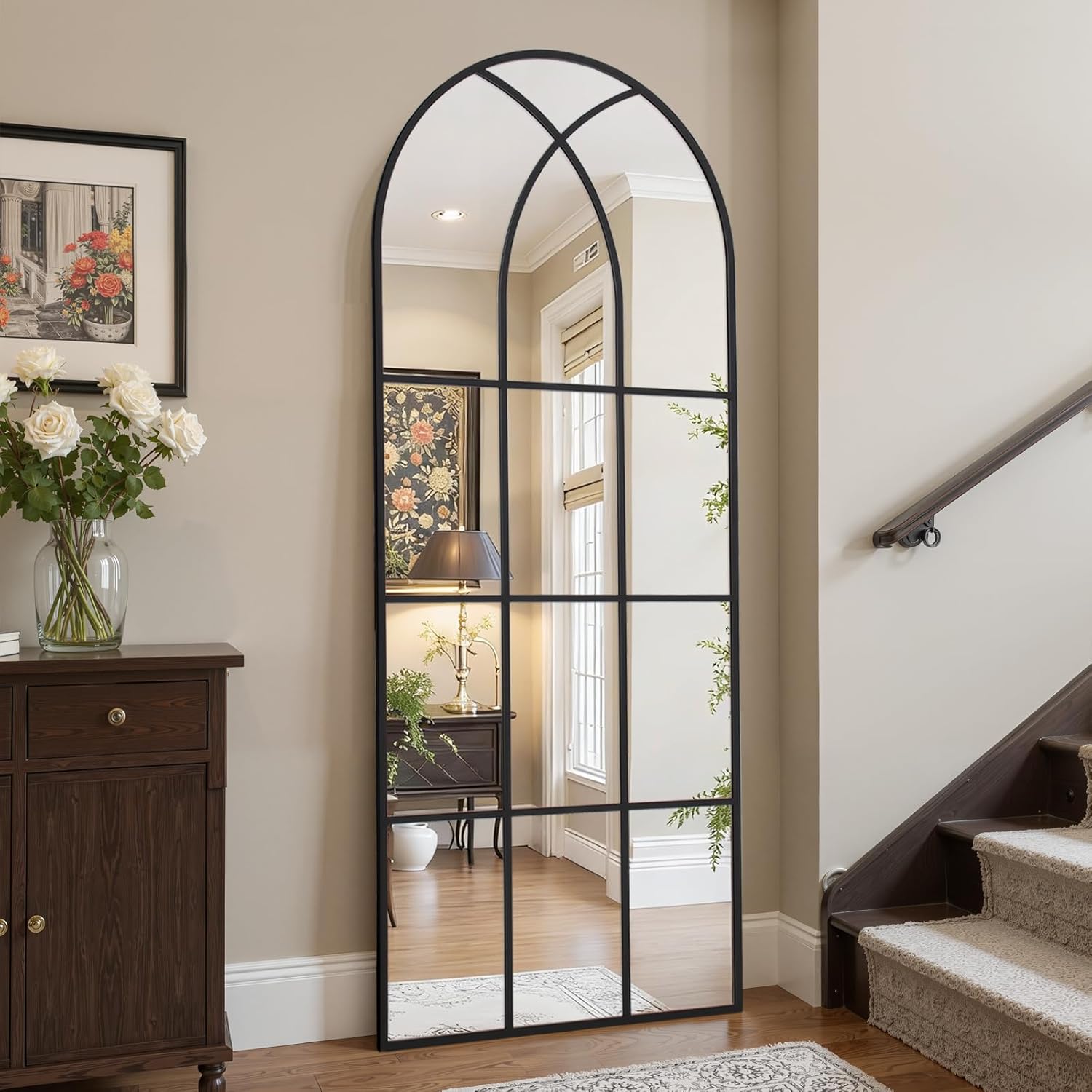 Arched Window pane Full Length Mirror 30"x71", Full Body Standing Mirror, Window Shaped Farmhouse Style with Aluminum Frame, Decor Wall Mirrors for Living Room, Courtyard, Bedroom, Entryway, Black - Image 8
