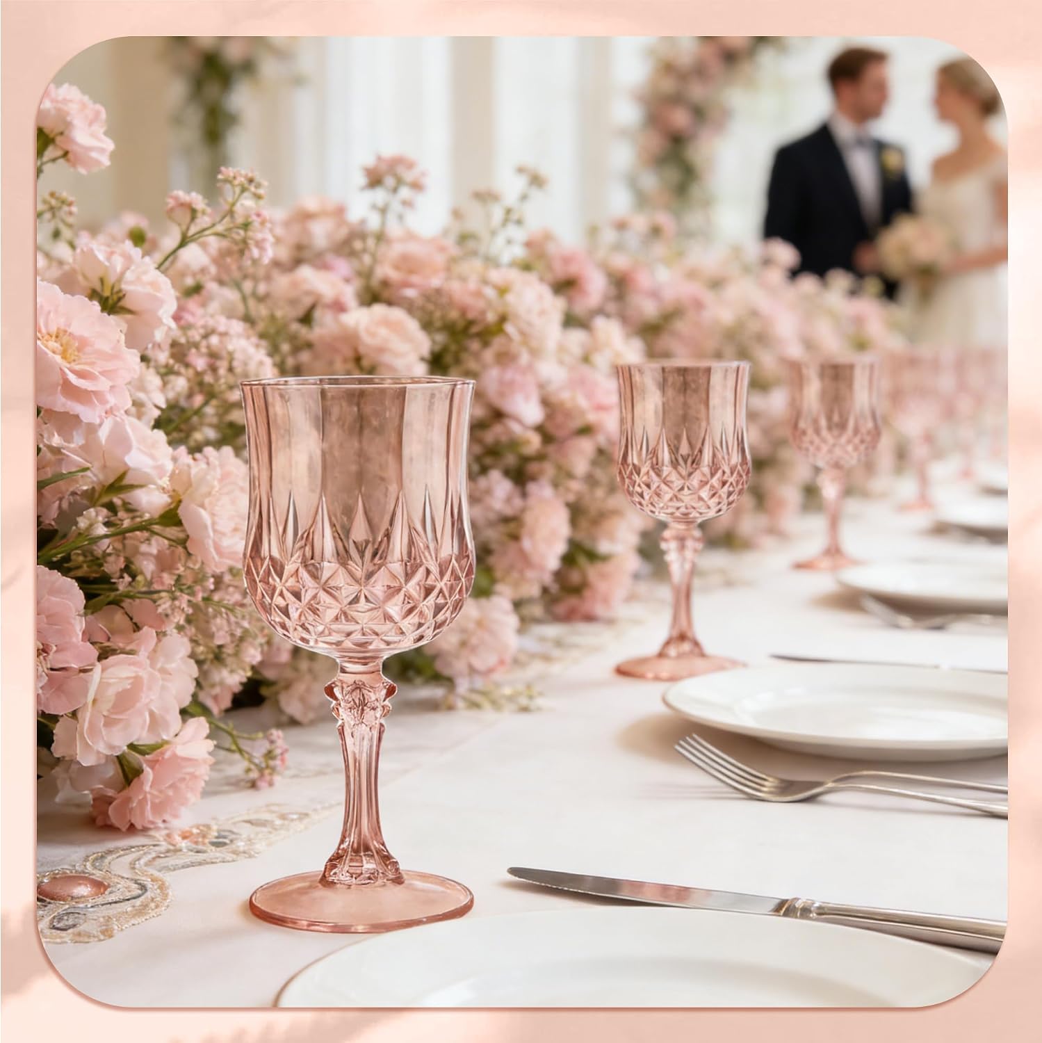 7OZ Plastic Wine Glasses, Reusable Vintage Goblets Unbreakable Drinking Glasses Crystal Water Cups Champagne for Wedding, Parties (48, Rose Gold)