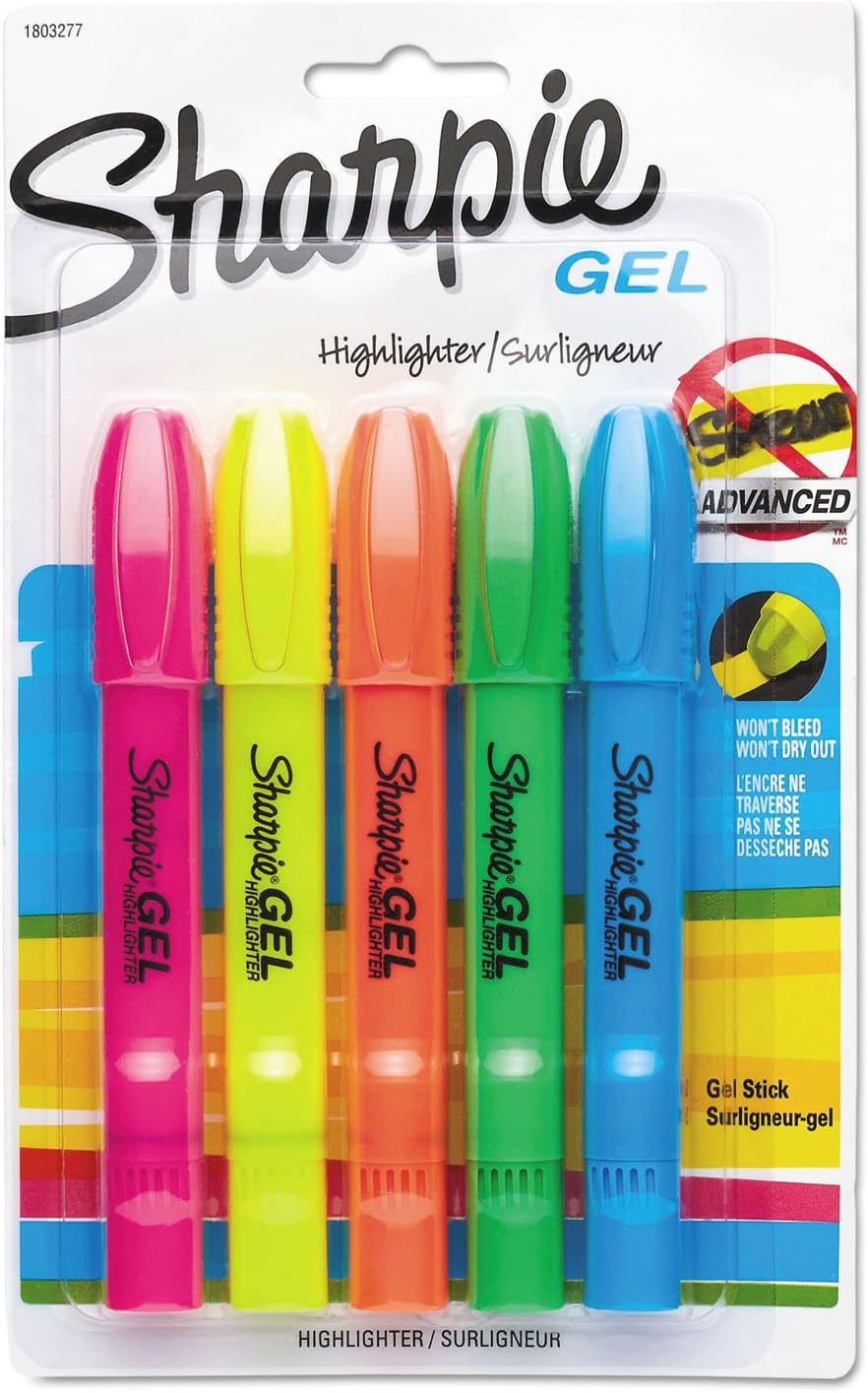 Sharpie Gel Highlighters Bullet Tip Assorted Fluorescent Highlighter Markers 5 Count Pack Smear And Bleed Resistant Long-Lasting And Won'T Dry Out