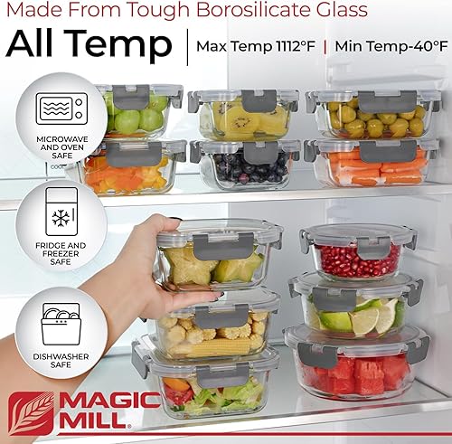 Miniatura 2 de Magic Mill Juego de recipientes de almacenamiento de vidrio con tapas, juego de 24 piezas con tapas herméticas sin BPA para almuerzo, almacenamiento