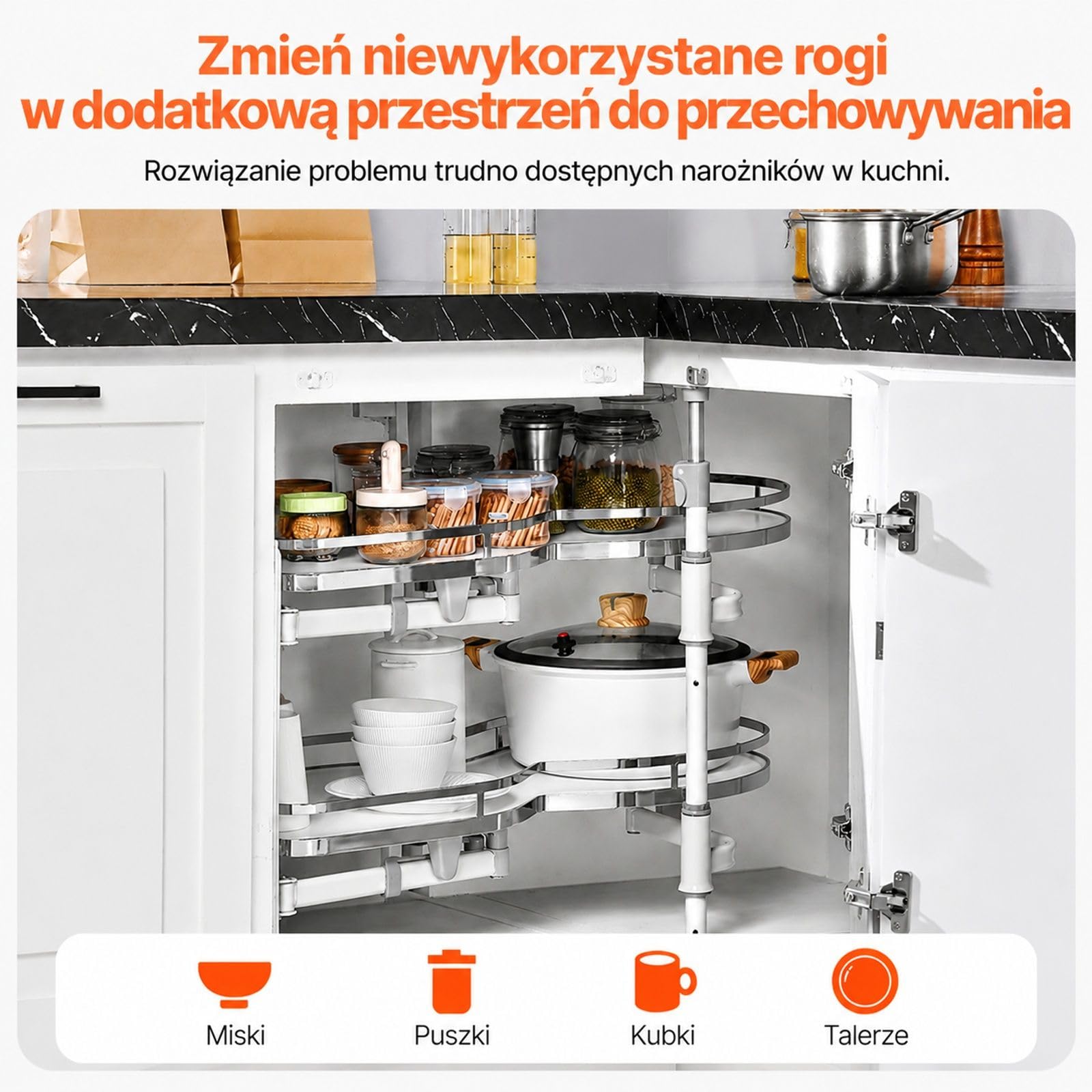 Organizer do narożnej szafki kuchennej, 2-poziomowe obrotowe wysuwane tace, regulacja wysokości, otwieranie w lewo, cichy domyk
