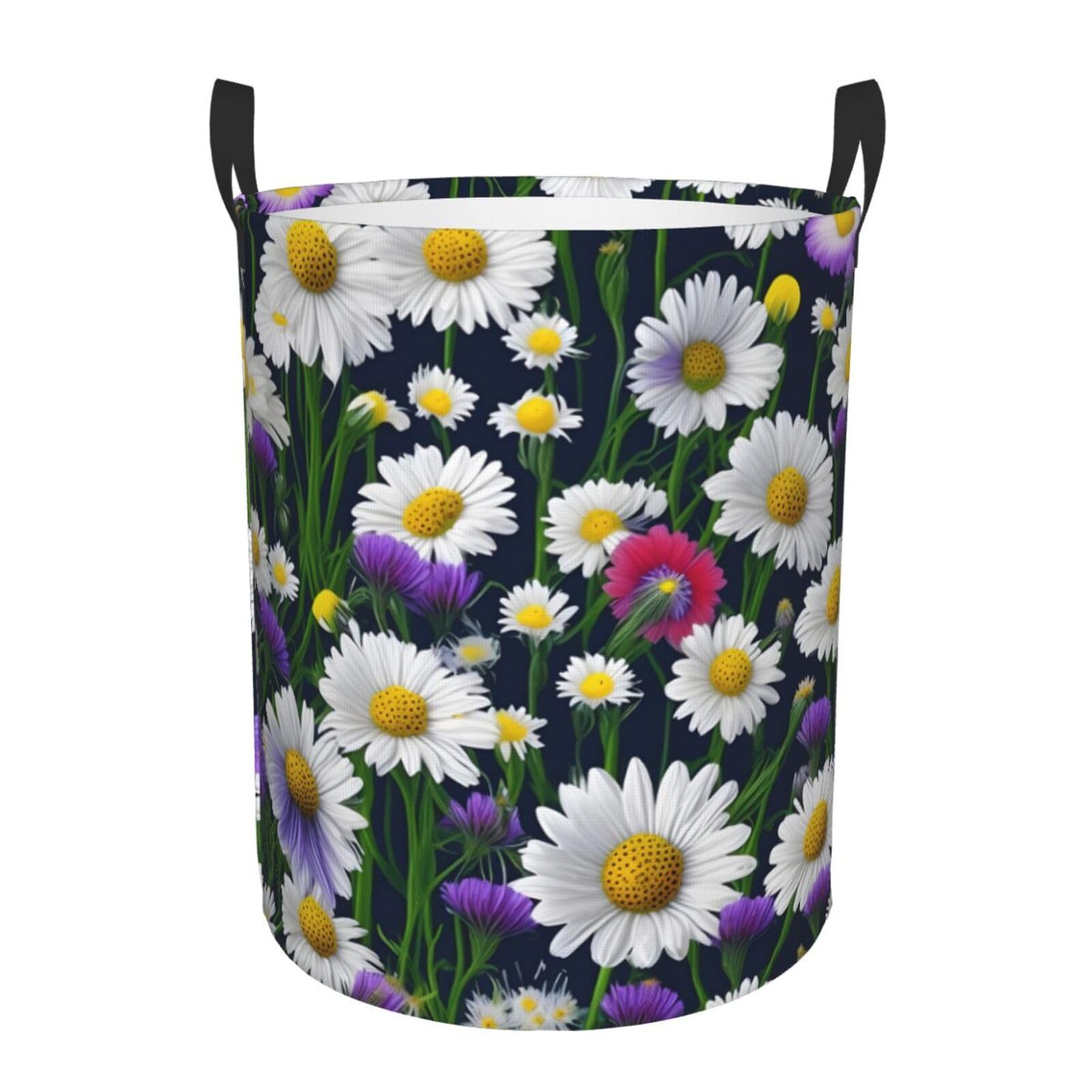 M Collapsible Laundry Hamper Round Wild Flowers and Cornflowers Daisies Print Storage
