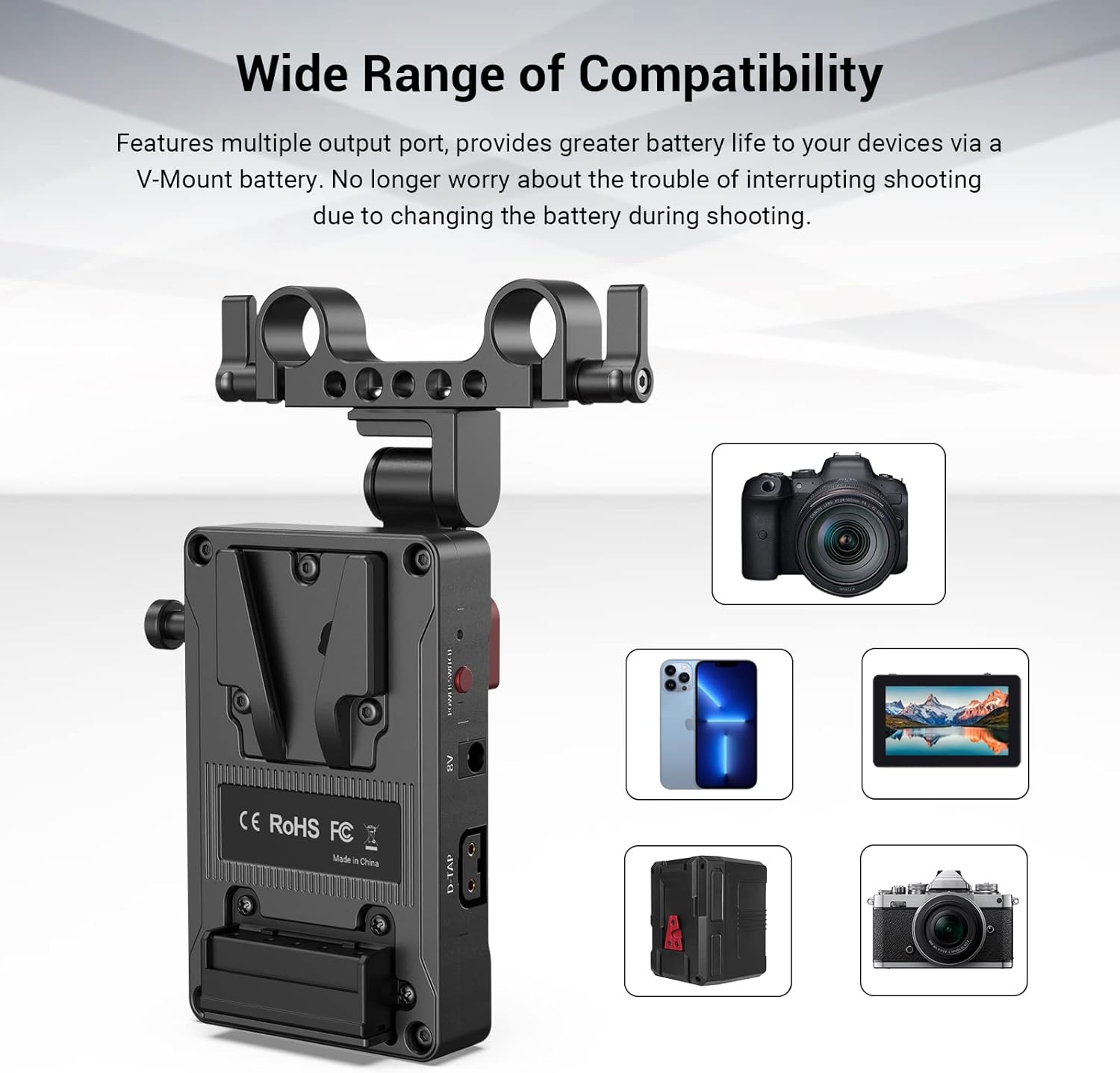 SmallRig V-Mount Battery Adapter Plate demonstrating wide compatibility with various cameras, monitors, and smartphones.