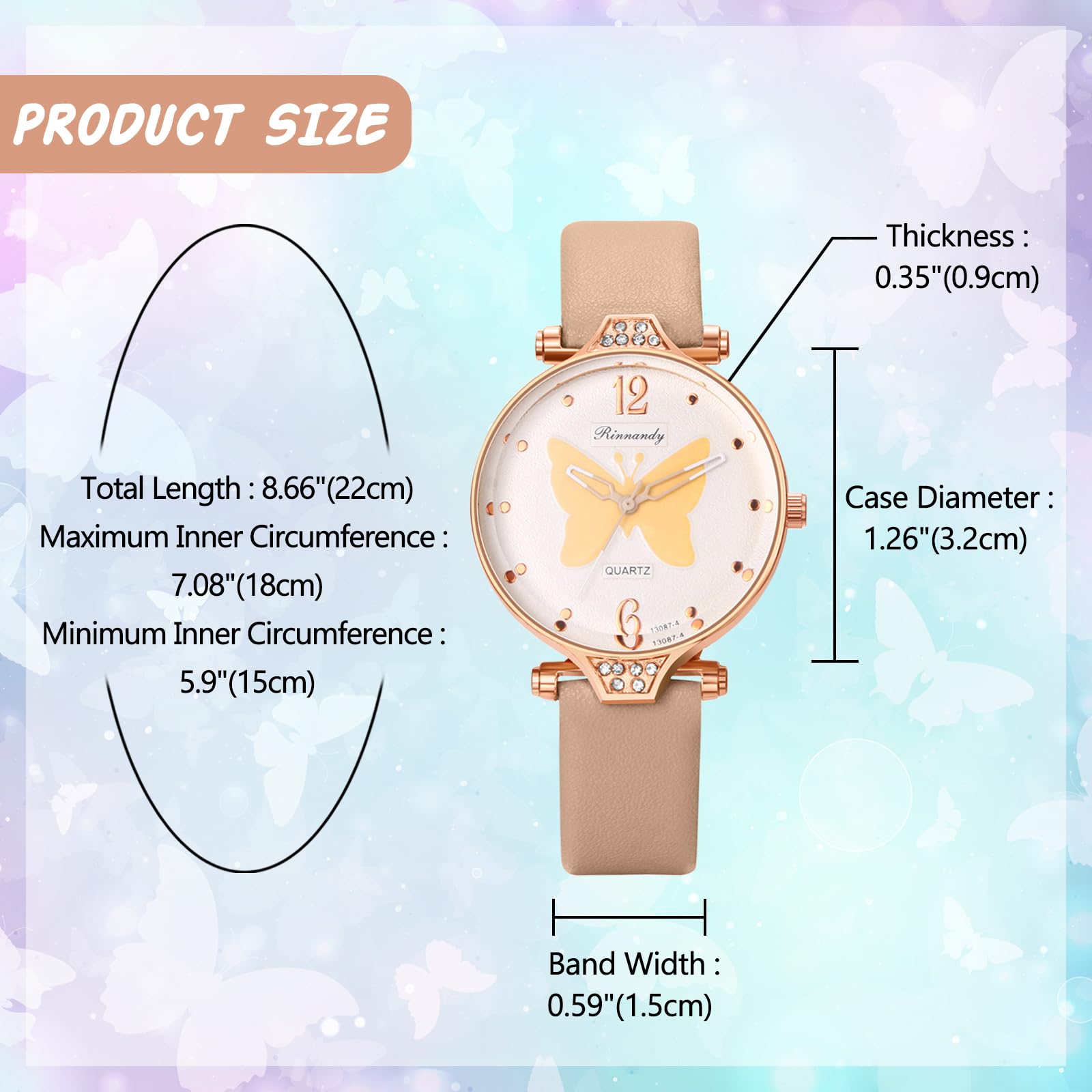 JewelryWe Damski zegarek skórzany zegarek damski: 5 sztuk Preppy Boho motyl stras analogowy kwarcowy zegarek na rękę skórzany zegarek na rękę luźny zegarek dla kobiet i dziewcząt, zestaw 5-cz.