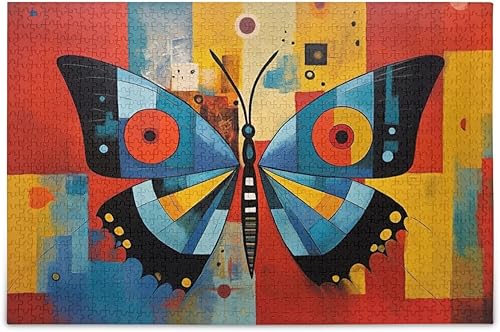 Rompecabezas de madera de 1000 piezas de arte gemométrico con estampado de mariposas, con bolsa de almacenamiento con partición del alfabeto, fácil