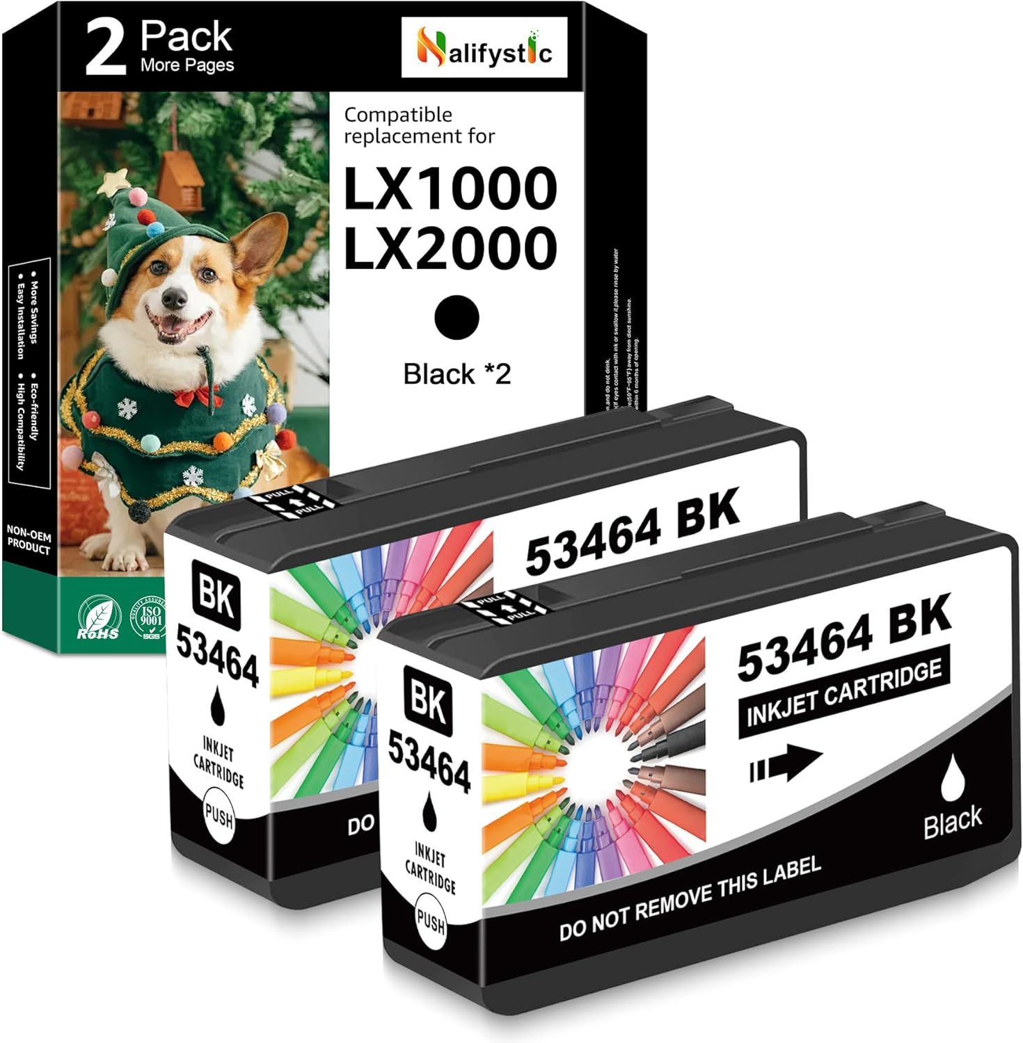 Compatible 53464 LX1000 LX2000 Ink Cartridge Black for Primera 53464 Ink Replacement for Primera LX1000 LX2000 Color Label Printers, 2 Black
