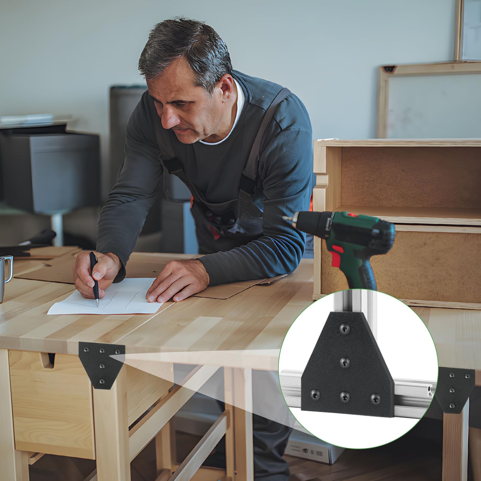 EXLECO 6er Eckhalterung Verbindungsplatte Aluprofil 40x40 Eckhalterungsplatte Eckwinkelplatte T Profil Aluminium mit Muttern Schrauben Sechskantschlüssel für 9mm Schlitz Aluminiumprofil, Schwarz