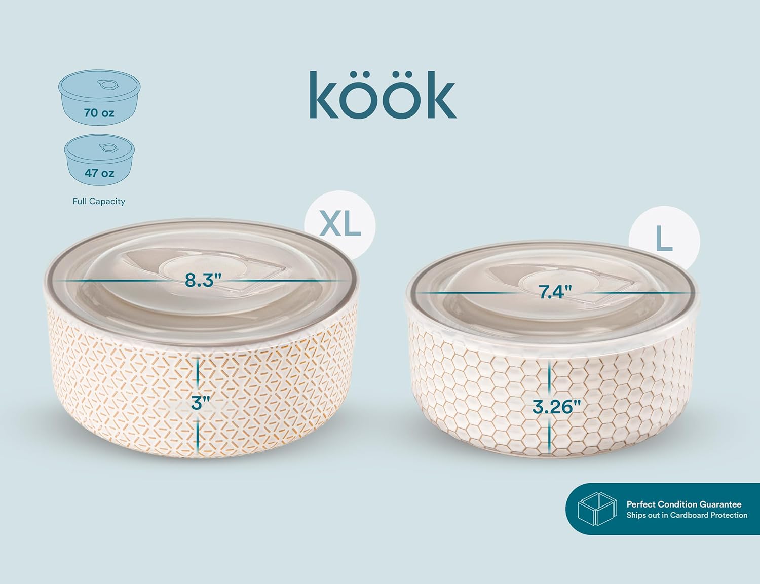KooK Serving Bowls, with Lids, Ceramic Nesting Bowls, Set of 4, Embossed, Kitchen, Prep, Stackable, Gift, Microwave and Dishwasher Safe, 16/29/47/70 oz, Narbonne Collection (Ivory) - Image 8