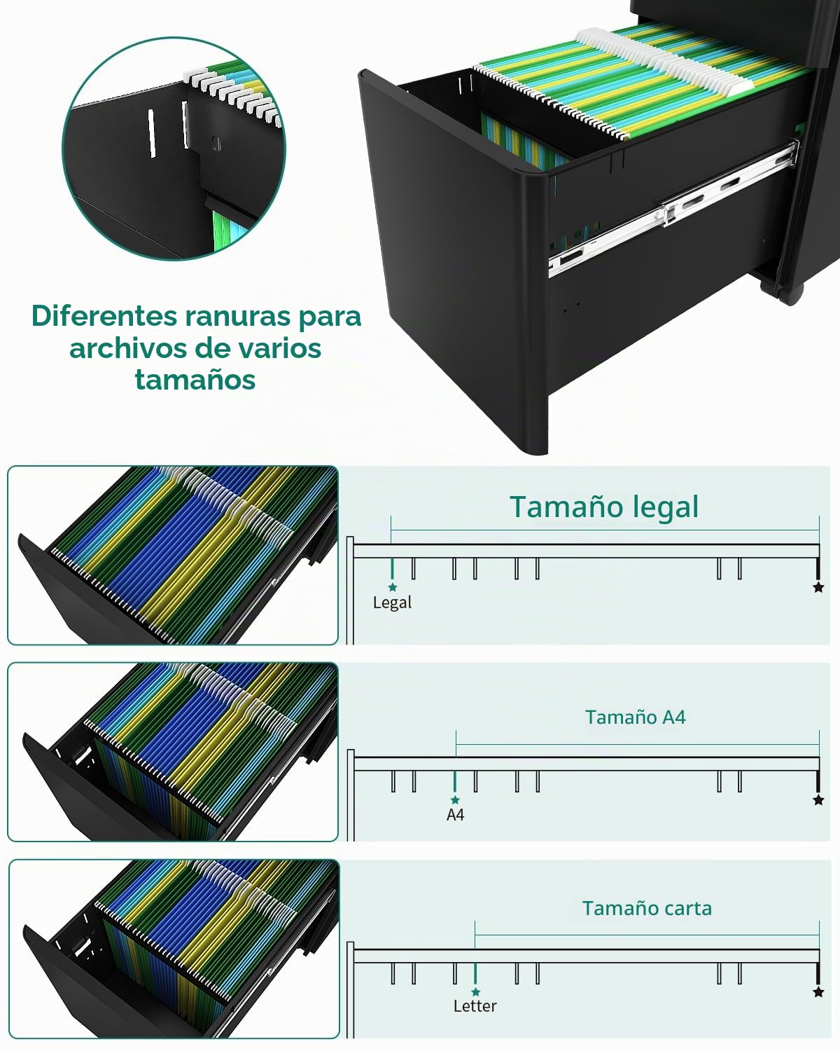 YITAHOME Cajonera Oficina con 3 Cajones, Armario Archivador Móvil con Ruedas, Metalico Mueble Oficina Archivador con Cerradura y Llave para Carta/A4, Negro, 45 x 30 x 61cm