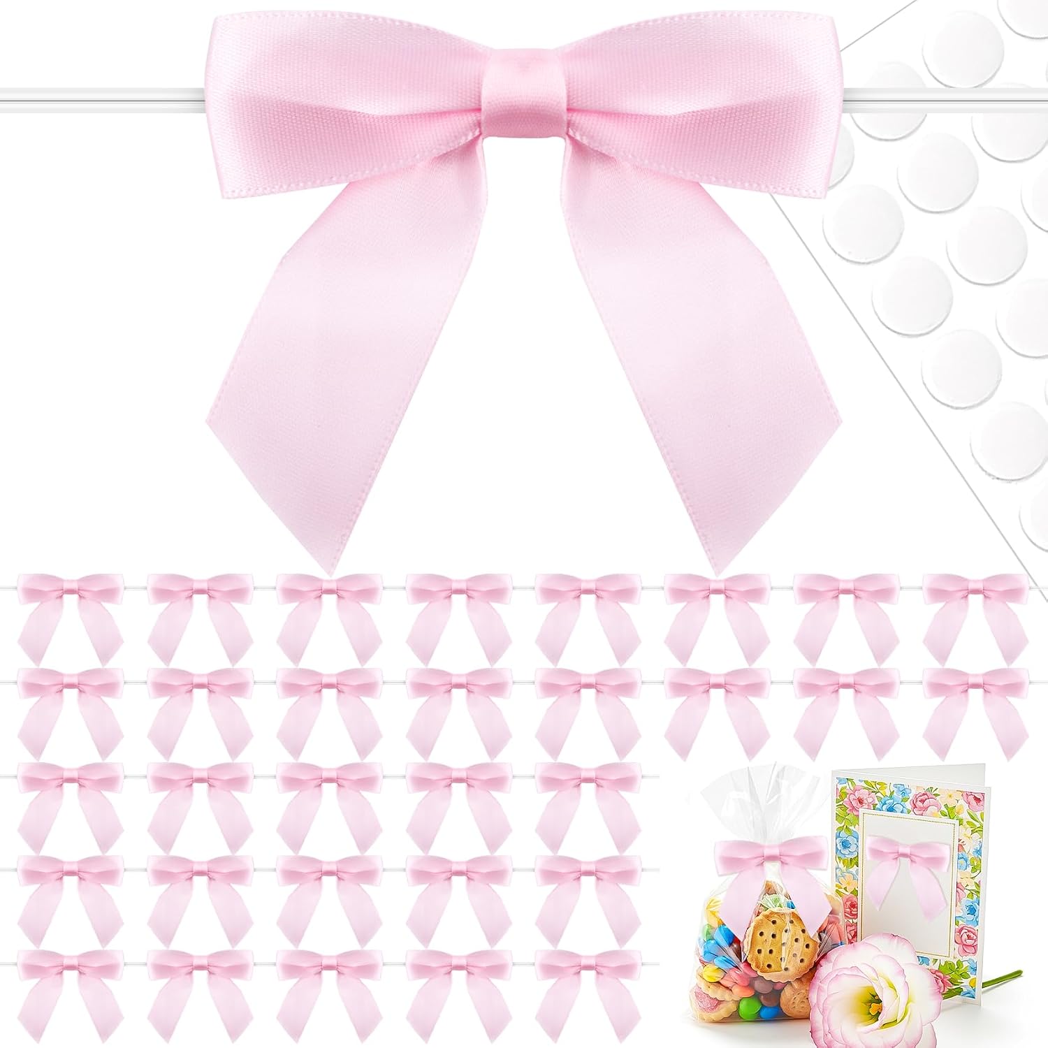 50 Pcs Light Pink Satin Ribbon Bows, 3.5" x 3.5", with Twist Ties