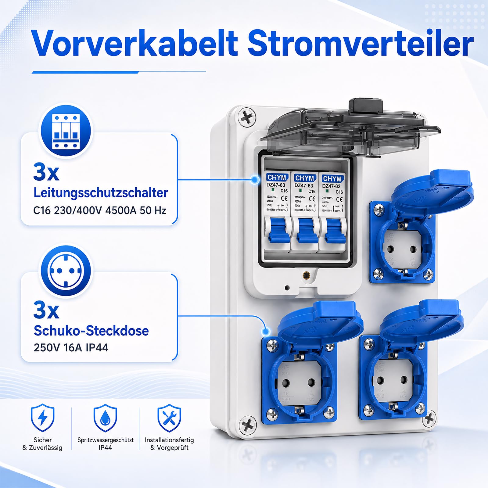 Baustromverteiler Vorverkabelt, 3x 230V/16A Schuko Steckdosen und 3xC16 LS-Schalter, Wandverteiler Stromverteiler IP67 Wasserdicht Gehäuse, Wetterfest Innen Außen Baustelle Werkstatt Außenbereich