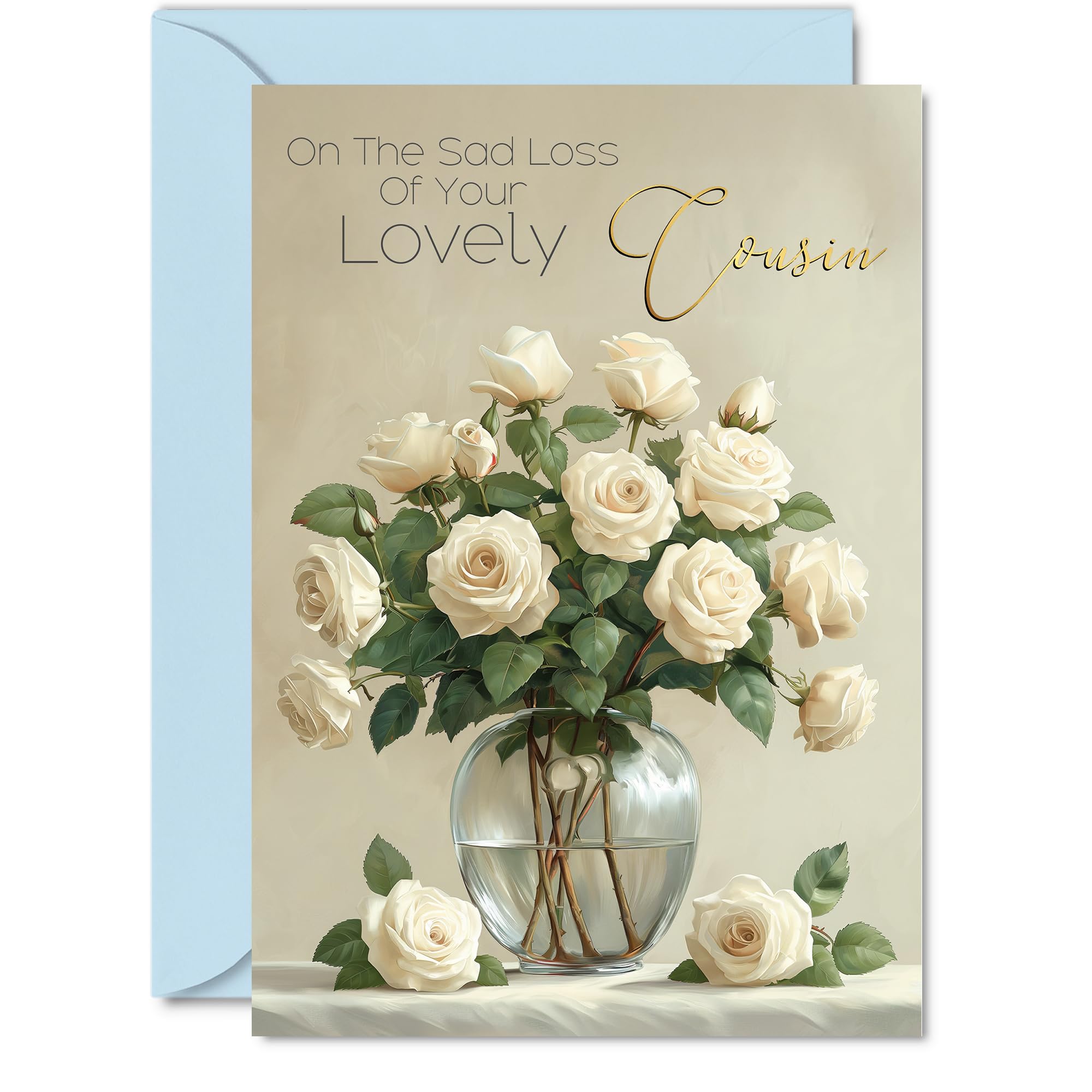 Sympathy Cards Loss of Cousin - Lovely Cousin Condolences Card - Beautiful Gold Thinking of You Card, 5x7 Inch Bereavement Floral Flowers Greeting Cards