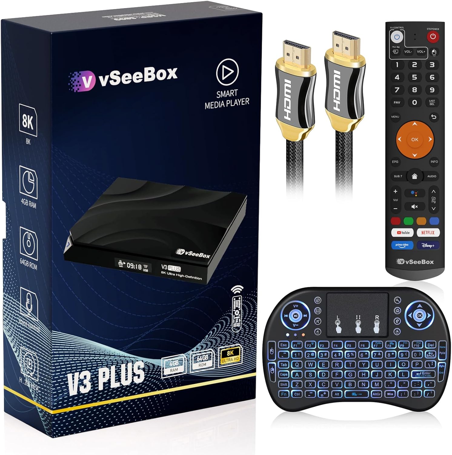 V3 Plus 2024 Newest Version, RAM 4GB Storage 64GB, New Live Ultra, with Upgraded Voice Remote, Backlit Mini Keyboard & 8K HDMI Cable