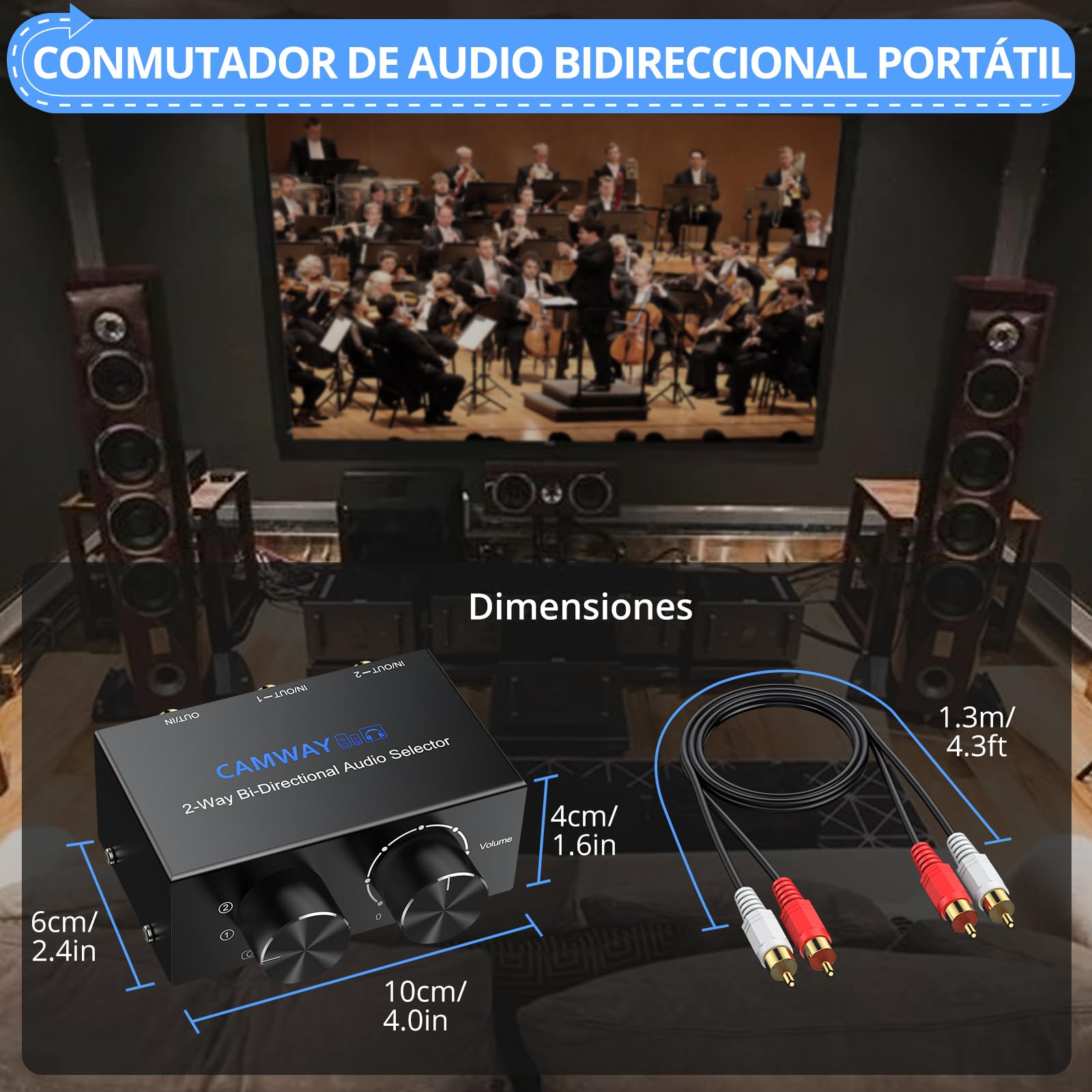 CAMWAY 1x2/2x1 Conmutador de Audio Bidireccional (RCA y 3.5mm) con Control de Volumen e Interruptor Off, Conmutador Estéreo R/L, para Altavoces, Auriculares, Amplificadores, Reproductores de CD
