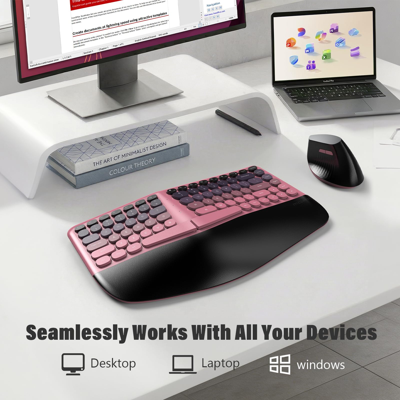 MOFII Tastiera ergonomica wireless e mouse combinata, tastiera curva divisa con poggiapolsi, mouse verticale, 2,4 G, per PC, laptop, desktop, Mac, rosa sfumato colorato